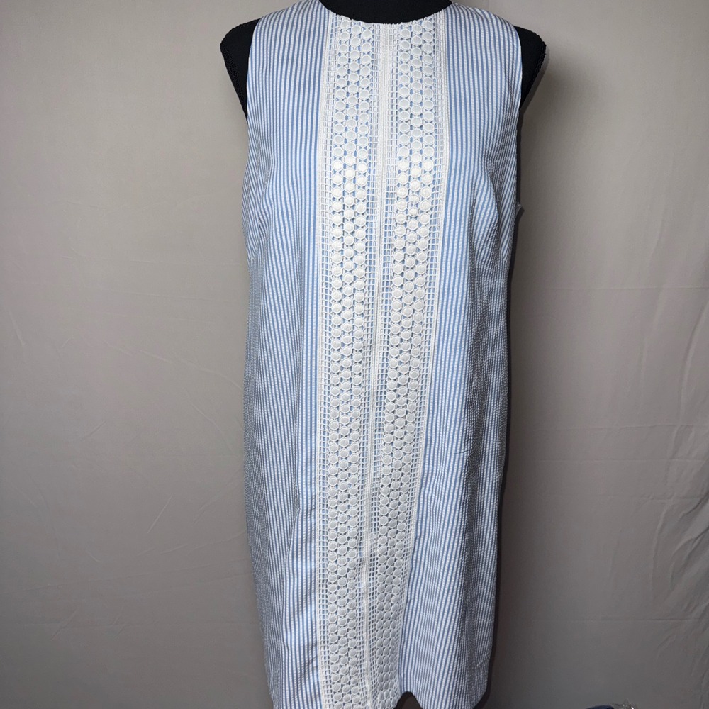 London‎ Times Blue White Seersucker Stripe Crochet Lace Shift Dress Womens 10